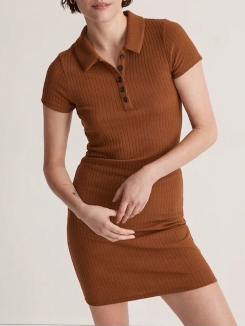 Madewell Ribbed Polo Short Sleeve Dress in Rust M